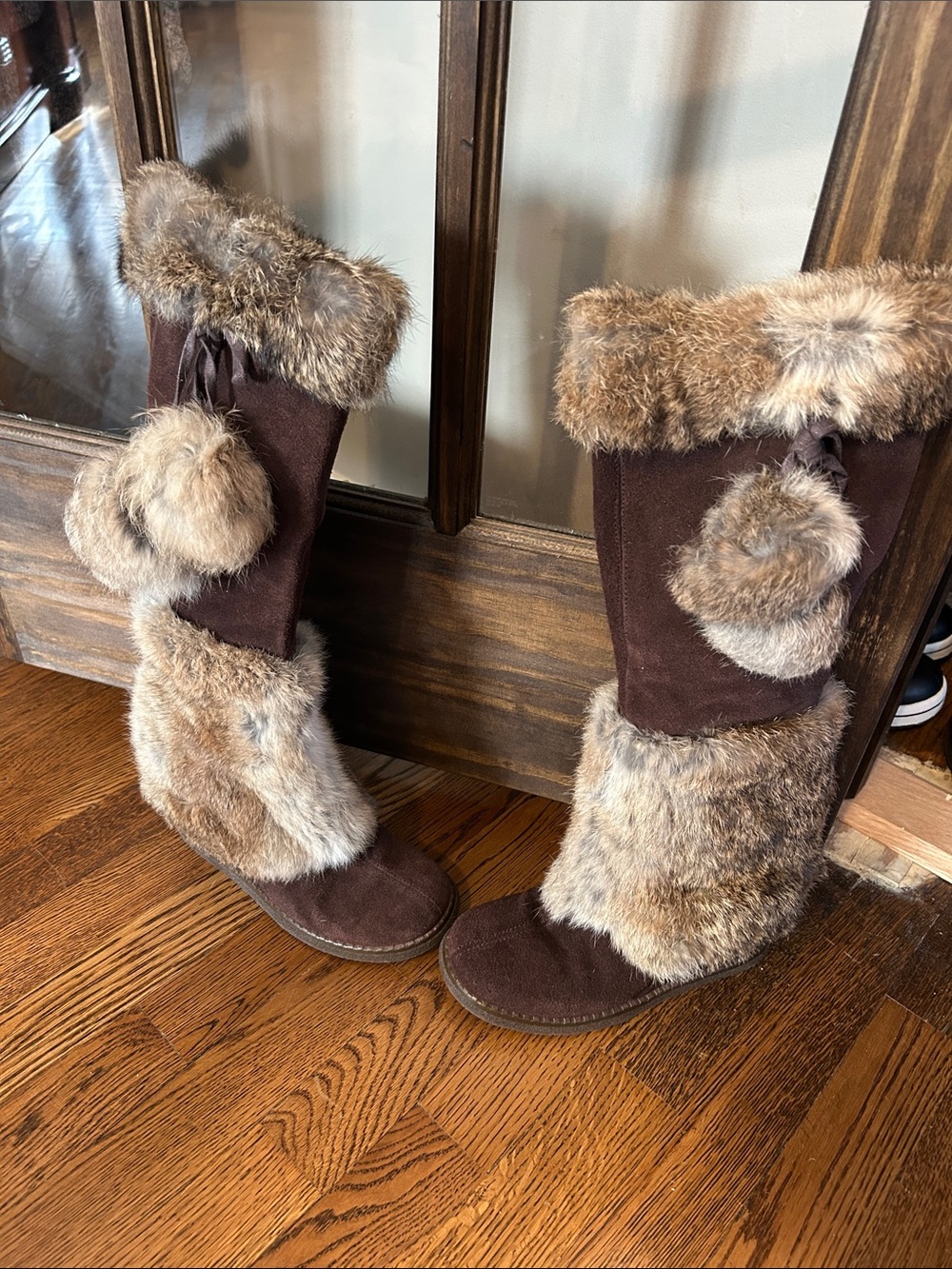 Lord & Taylor Brown Faux Fur Pom-Pom Knee Boots